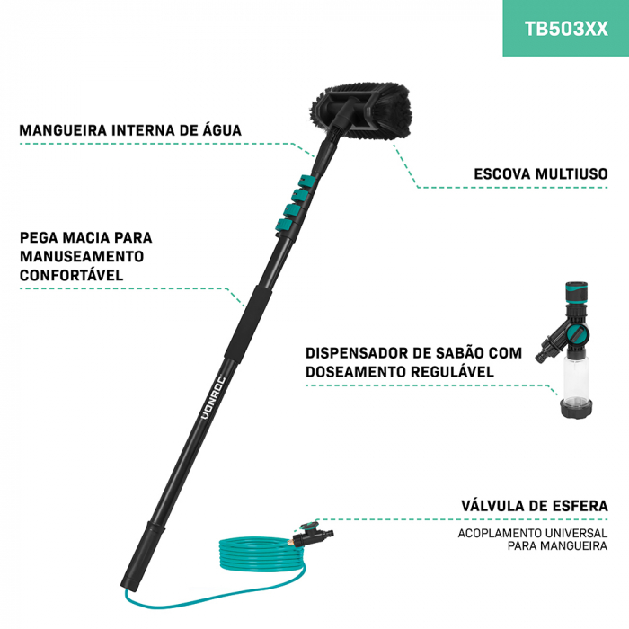 Escova de lavagem telescópica - 4,60 m | Inclui escova multiusos, mangueira e doseador de sabão